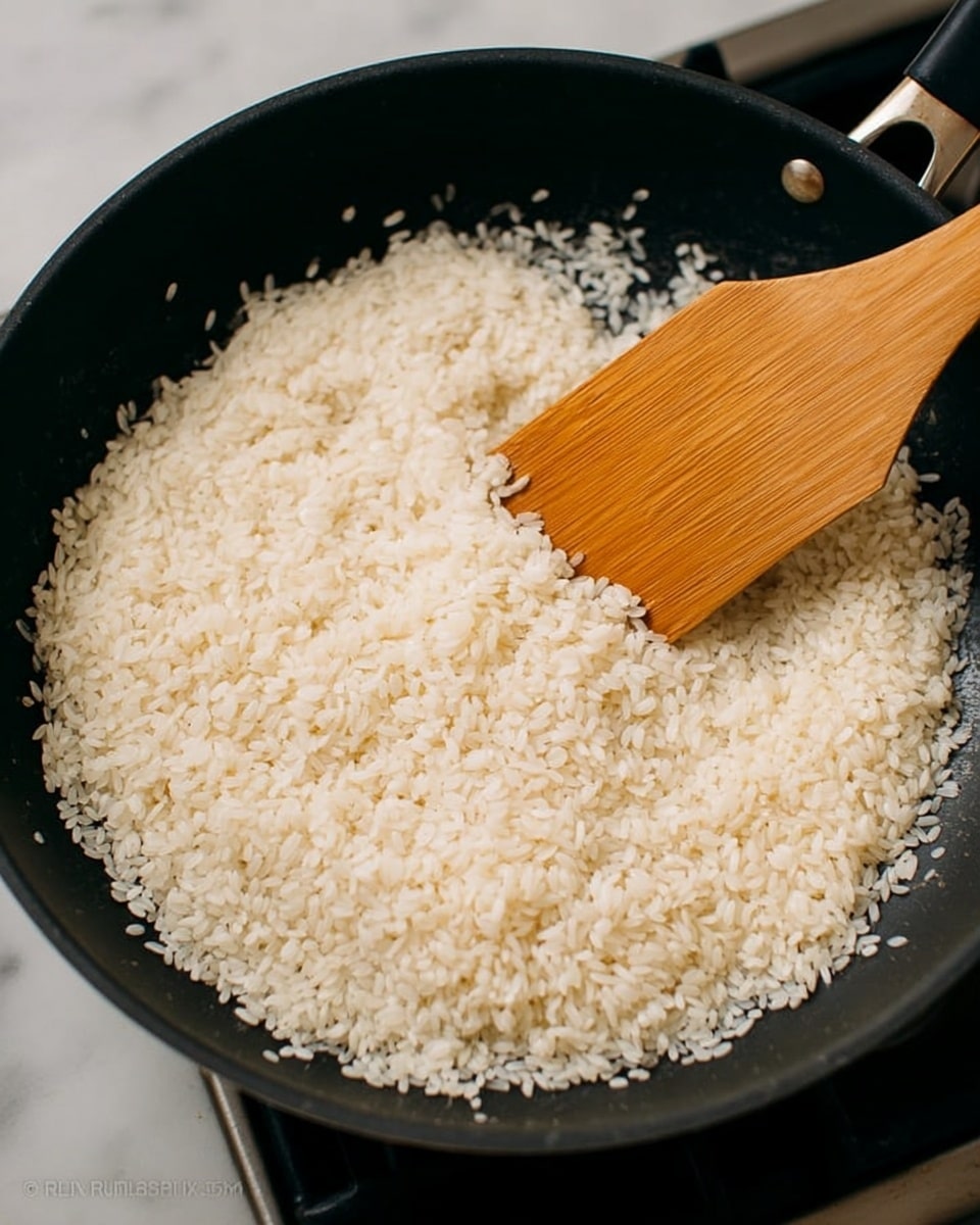 A close-up image of white rice grains spread evenly in a black frying pan on a stove. The rice is dry and raw, covering most of the pan's base except the edges. A light brown wooden spatula is resting on the rice, angled from the top right corner into the center, with its flat edge touching the grains. The background shows a white marbled surface under the pan. Photo taken with an iphone --ar 4:5 --v 7