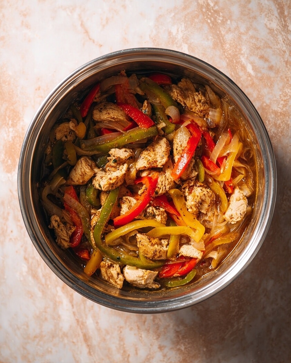 A round metal pot filled with a cooked dish showing three main layers: sliced cooked chicken pieces on top in light brown with some spices, underneath strips of yellow, green, and red bell peppers mixed with translucent cooked onions, all resting in a thin brownish sauce at the bottom. The pot is set on a white marbled surface with a soft warm light highlighting the colors and textures of the ingredients. photo taken with an iphone --ar 4:5 --v 7