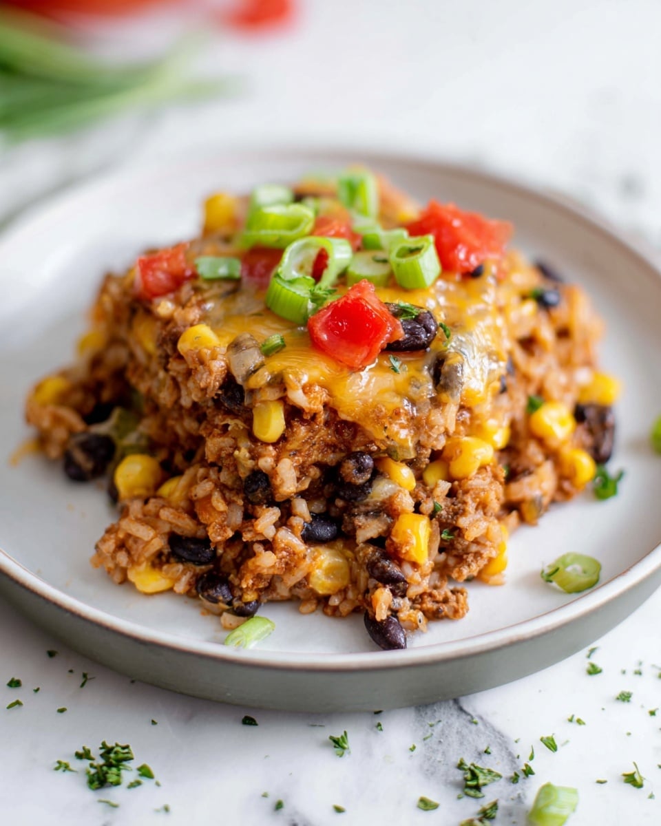 The dish is a single layered pile of mixed ingredients served on a white plate with a gray rim. The base layer is a mix of cooked rice and ground meat tinted brown with spices, combined with black beans and small pieces of yellow corn. On top, there are small chunks of bright red diced tomatoes and chopped green onions scattered, adding fresh color contrast. The texture appears soft with a slight melt from light yellow melted cheese melting into the mix. The plate is set on a white marbled surface with some sprinkled green herbs around the food. photo taken with an iphone --ar 4:5 --v 7