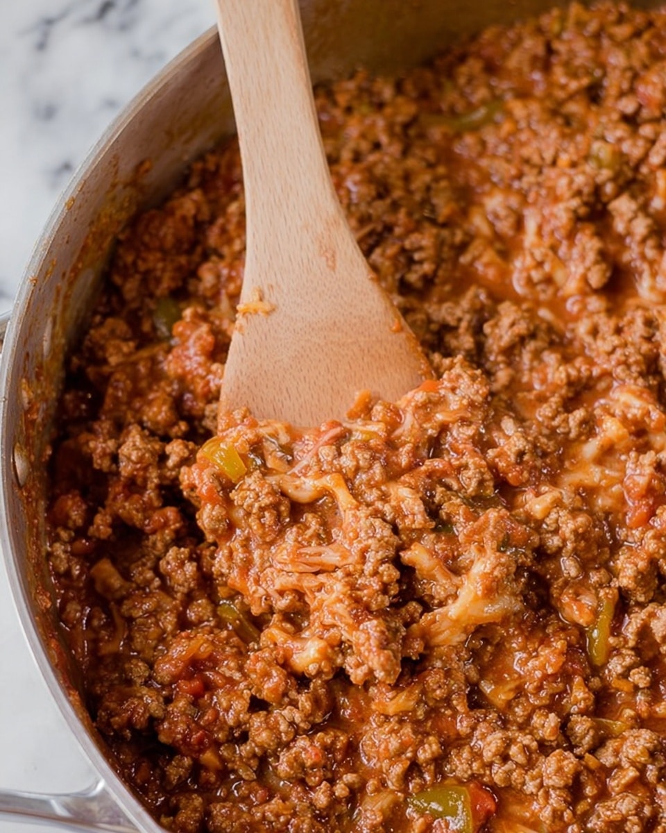 A close-up view of a large pan filled with a thick, chunky mixture of cooked ground meat and melted cheese. The mixture is light to medium brown with some reddish tones from tomato sauce, and small bits of green pepper are visible throughout. A wooden spoon with a smooth texture is scooping up some of the mixture, showing the dense and moist texture of the dish. The pan edge is visible at the top, and the scene is set against a white marbled surface. Photo taken with an iphone --ar 4:5 --v 7