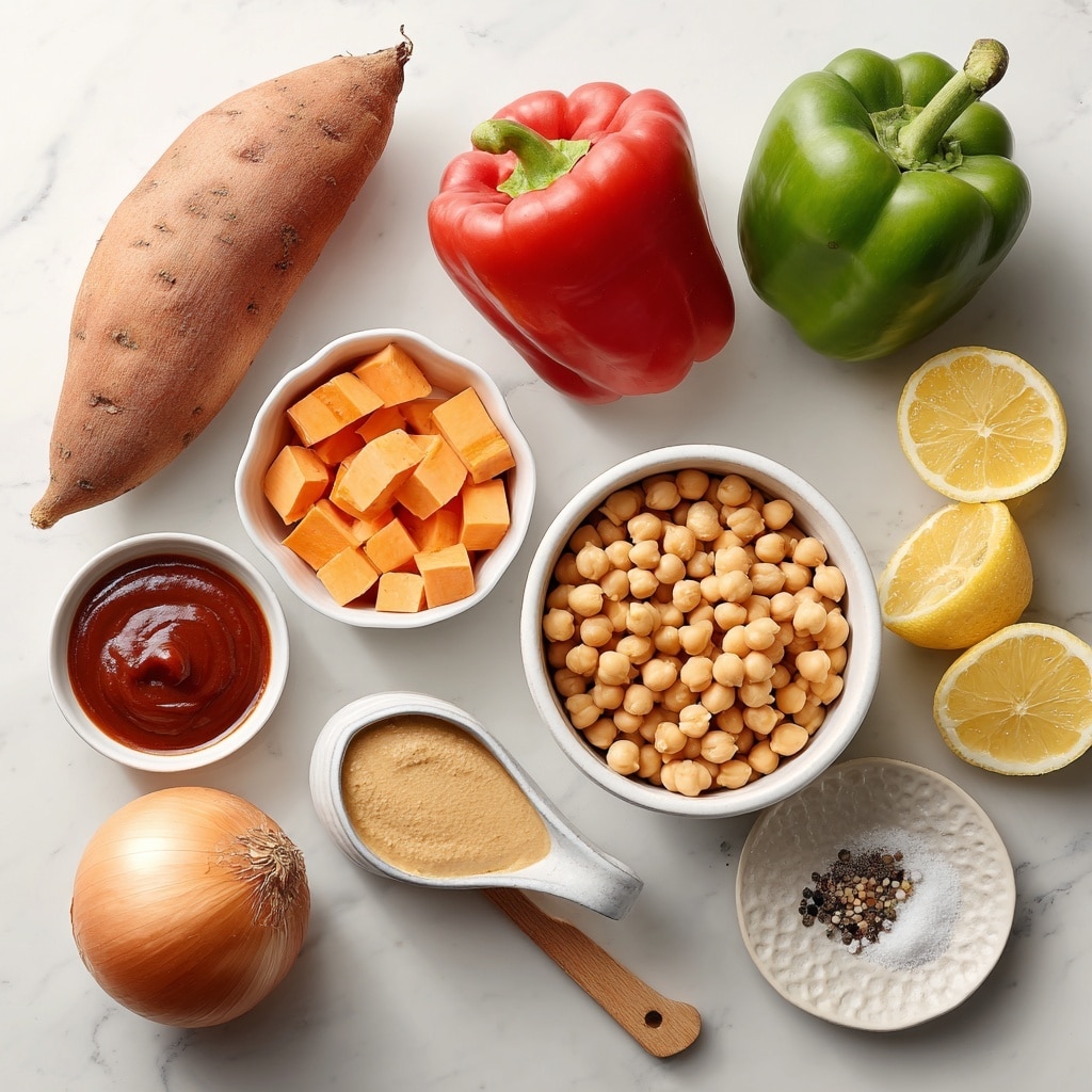 The image shows ingredients neatly arranged on a white marbled surface. On the left side, there is a whole sweet potato and many small orange cubes of sweet potato above it. On the top right side, there is a green bell pepper next to a red bell pepper. In the center right, there is a white bowl filled with round beige chickpeas. Below the bowl is a white pitcher-shaped bowl containing smooth tan tahini. Below that, to the left, is a whole brown onion. In the bottom left corner, there is a small white bowl with dark red sriracha sauce. To the right of it, a wooden spoon holds a light beige garlic powder. On the far right bottom corner, a small white textured plate holds salt and black pepper. Near the top right of the chickpeas bowl, there are two yellow lemon halves with visible segments. The whole setup is clean and bright, with all elements clearly visible. Photo taken with an iphone --ar 4:5 --v 7