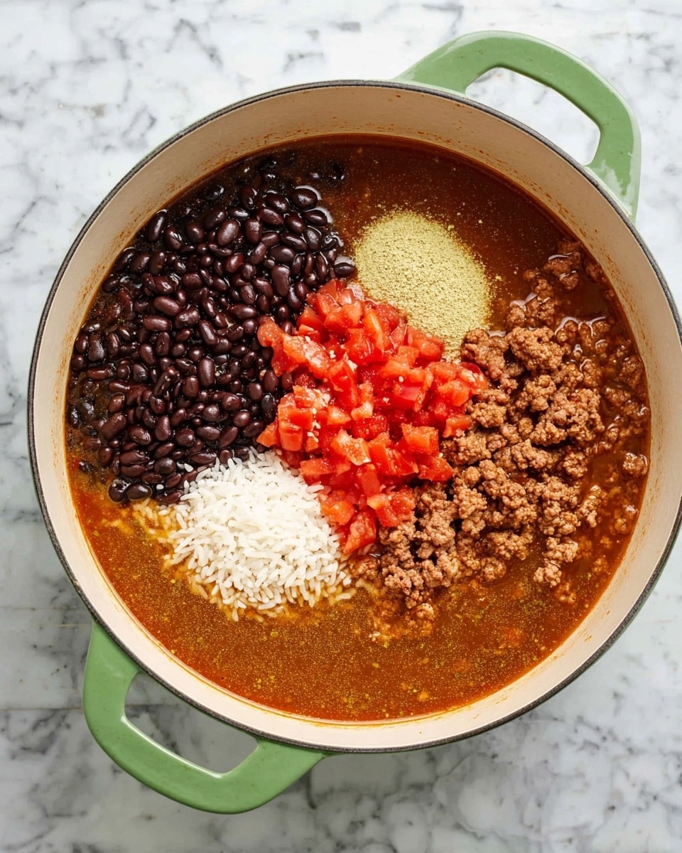 A large round pot with light green handles holds a dish with two visible layers: the bottom layer is a mix of cooked brown rice, black beans, small pieces of red tomato, and browned ground meat, with a slightly moist texture and warm brown and reddish colors. The top layer is shredded bright yellow cheese spread evenly, with a soft, fresh texture. The pot sits on a white marbled surface. photo taken with an iphone --ar 4:5 --v 7