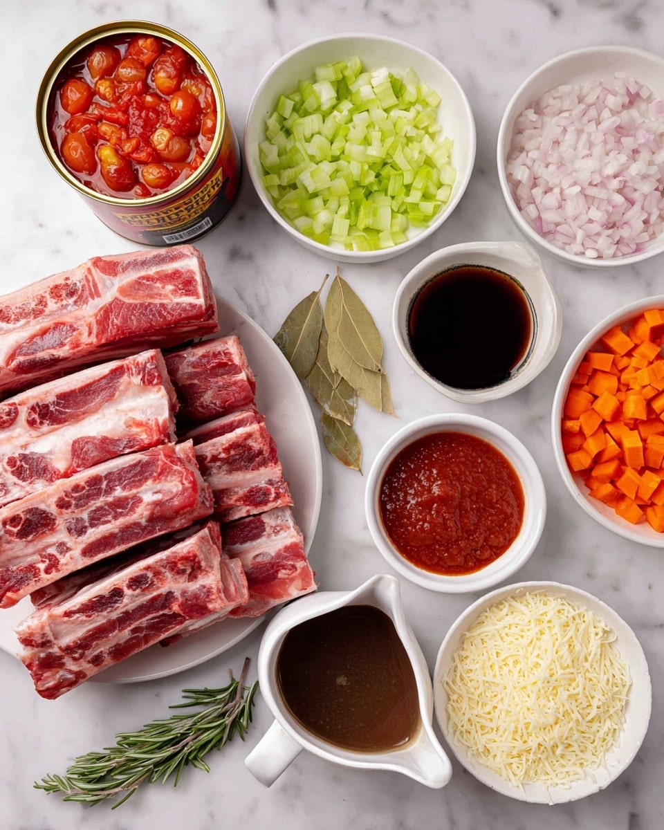 The image shows raw beef ribs stacked in two layers on a white plate on the right side; the ribs are red with white fat lines. Surrounding the plate are bowls and containers of ingredients on a white marbled surface: on the top left is an open can of whole peeled tomatoes with bright red sauce, next to a small white bowl filled with chopped green celery. Beside it is a white bowl with finely chopped white onions, a small pink bowl filled with minced garlic, and a clear glass cup containing dark brown liquid. Below the celery bowl is a small plate with dried green herbs and two bay leaves, next to fresh green rosemary and thyme sprigs. Below that are diced orange carrots in a white bowl, a small bowl of bright red tomato paste, and a white pitcher filled with dark brown beef broth. Lastly, a white bowl with finely shredded white cheese is placed near the bottom center. All items are evenly spread with clear textures and bright colors. Photo taken with an iphone --ar 4:5 --v 7