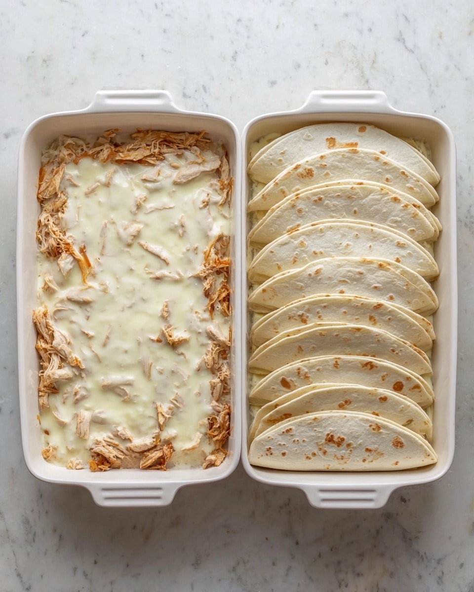 The image shows a white rectangular baking dish on a white marbled surface. On the left side, the dish contains a layer of shredded light brown chicken mixed with light melted white cheese and a creamy sauce evenly spread over the top. On the right side, the dish has a layer of white folded tortillas arranged neatly and overlapping in two rows, covering the chicken layer underneath. The tortillas are soft with slight golden spots. photo taken with an iphone --ar 4:5 --v 7