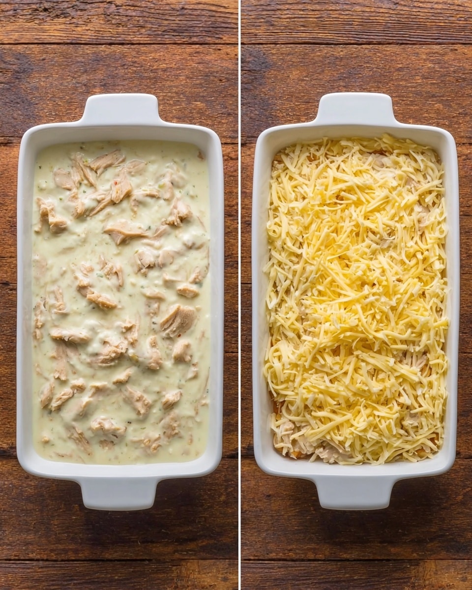 The image shows two white baking dishes placed side by side on a brown wooden surface. Each dish has a thick creamy white sauce base with pieces of shredded light brown chicken mixed inside. The dish on the left has only the sauce and chicken visible, while the dish on the right is covered with a generous layer of shredded yellow cheese spread evenly over the chicken and sauce. The texture of the sauce looks smooth and creamy, and the chicken pieces are scattered throughout both dishes. Photo taken with an iphone --ar 4:5 --v 7