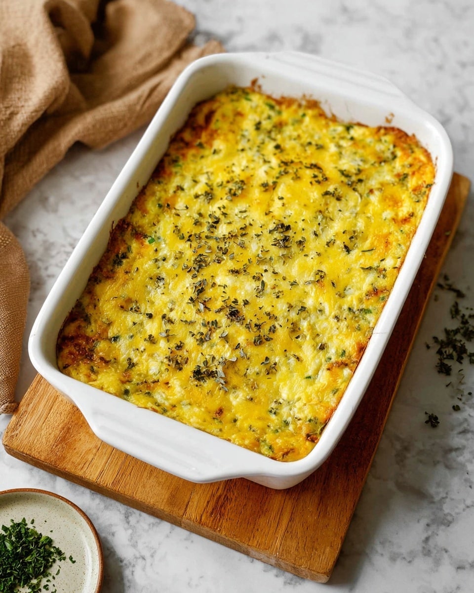 A white rectangular ceramic baking dish filled with a baked casserole topped with a golden yellow layer of melted cheese mixed with green herbs and small bits of vegetables, showing some light browning along the edges. The casserole surface is textured with a slightly crispy cheese layer and sprinkled with dried herbs. The dish is set on a wooden board with a white marbled surface underneath and a small round plate with chopped green herbs slightly blurred in the bottom left corner, along with a piece of brown cloth in the background. photo taken with an iphone --ar 4:5 --v 7