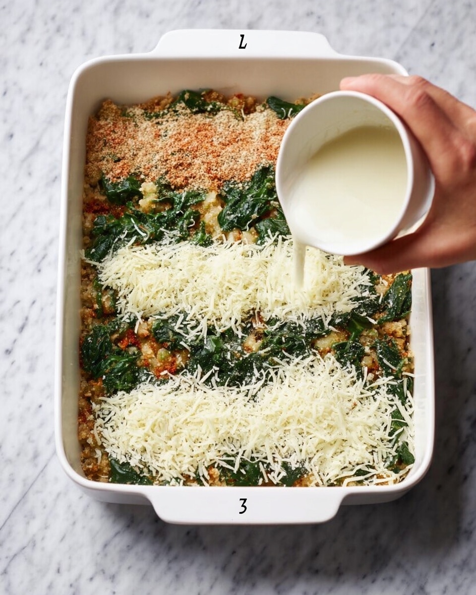 A white rectangular baking dish on a white marbled surface contains a layered dish. The bottom layer is a light brown crumbly texture, topped unevenly with dark green cooked spinach. Next, a mix of reddish and pale beige powders is sprinkled over the spinach in small patches. A woman's hand is shown pouring a white creamy liquid from a small white bowl over the layered ingredients. The topmost layer is a thick, even spread of white shredded cheese covering the entire dish. Photo taken with an iphone --ar 4:5 --v 7