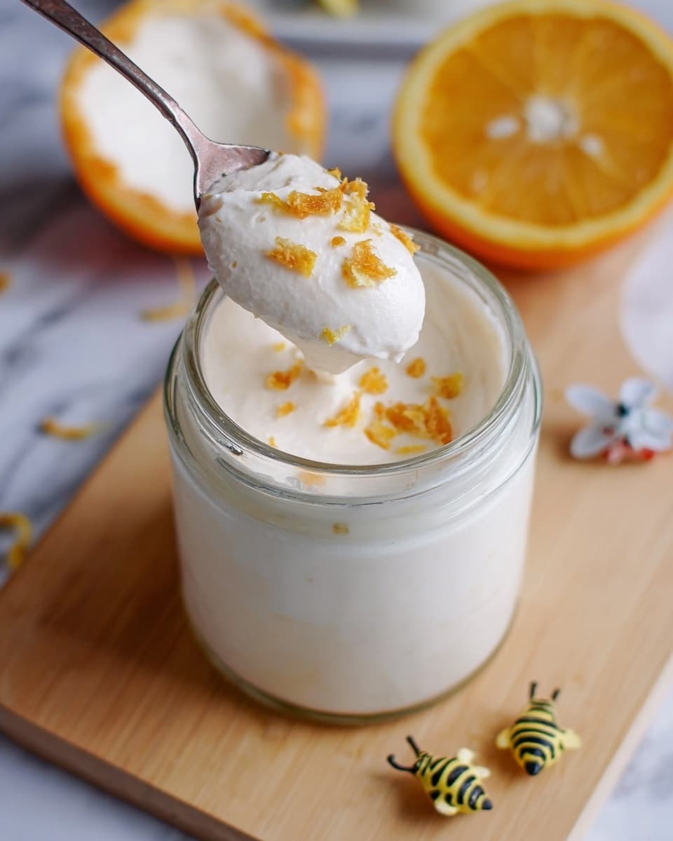 A jar filled with a smooth white cream, with a spoon lifting some of the cream topped with small orange peel pieces. The jar is placed on a light wooden board with two small bee-shaped decorations below it. In the background, there is a halved orange with white cream inside. The scene is set on a white marbled surface. photo taken with an iphone --ar 4:5 --v 7