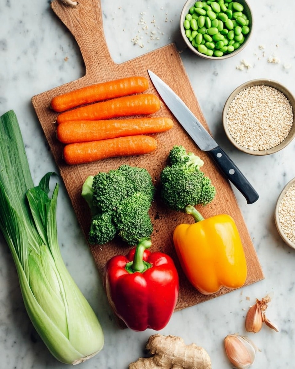 A wooden cutting board sits on a white marbled surface, holding three bright orange carrots placed diagonally near the center. Next to the carrots, there are green broccoli florets arranged in a small cluster with a sharp knife laying flat beside them. A red bell pepper sits below the broccoli, and a yellow bell pepper is near the bottom right corner of the scene. On the left side of the board, there is a bundle of three green bok choy stalks with leafy tops. Surrounding the cutting board, there are small bowls holding green edamame and beige quinoa grains, garlic cloves scattered near the top right, a single onion to the right, and a pale brown ginger root, all on the white marbled surface. Photo taken with an iphone --ar 4:5 --v 7