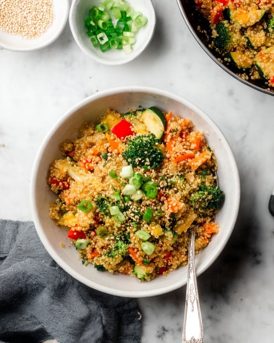 A white bowl filled with a colorful mix of cooked quinoa and various steamed vegetables, including bright green broccoli, red bell pepper pieces, sliced zucchini, and small chunks of carrot, topped with chopped green onions. The quinoa looks fluffy with small grains evenly mixed throughout the vegetables. A silver spoon rests inside the bowl with its handle pointing outwards. Nearby, there is another partially visible white bowl with more quinoa and vegetables, a small white bowl with sliced green onions, and a small white bowl filled with sesame seeds. All items sit on a white marbled surface with part of a black pan and a gray cloth visible at the edges. Photo taken with an iphone --ar 4:5 --v 7