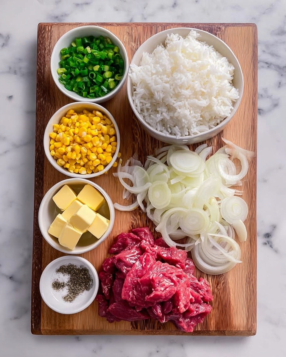 The image shows a wooden board placed on a white marbled surface. On the board, there are six sections with different food items: a white bowl filled with cooked white rice on the top right, next to it thinly sliced white onions arranged in a small pile on the right side of the board. Below the onions, there is a small white bowl with black pepper and salt. On the bottom left of the board, there are raw thin red meat slices stacked loosely. Above the meat, there is a small white bowl with buttery yellow butter cubes placed in the center. On the top left side of the board, two small white bowls contain chopped green scallions and bright yellow corn kernels. The colors range from white and yellow to red and green, creating a fresh and clean presentation. photo taken with an iphone --ar 4:5 --v 7