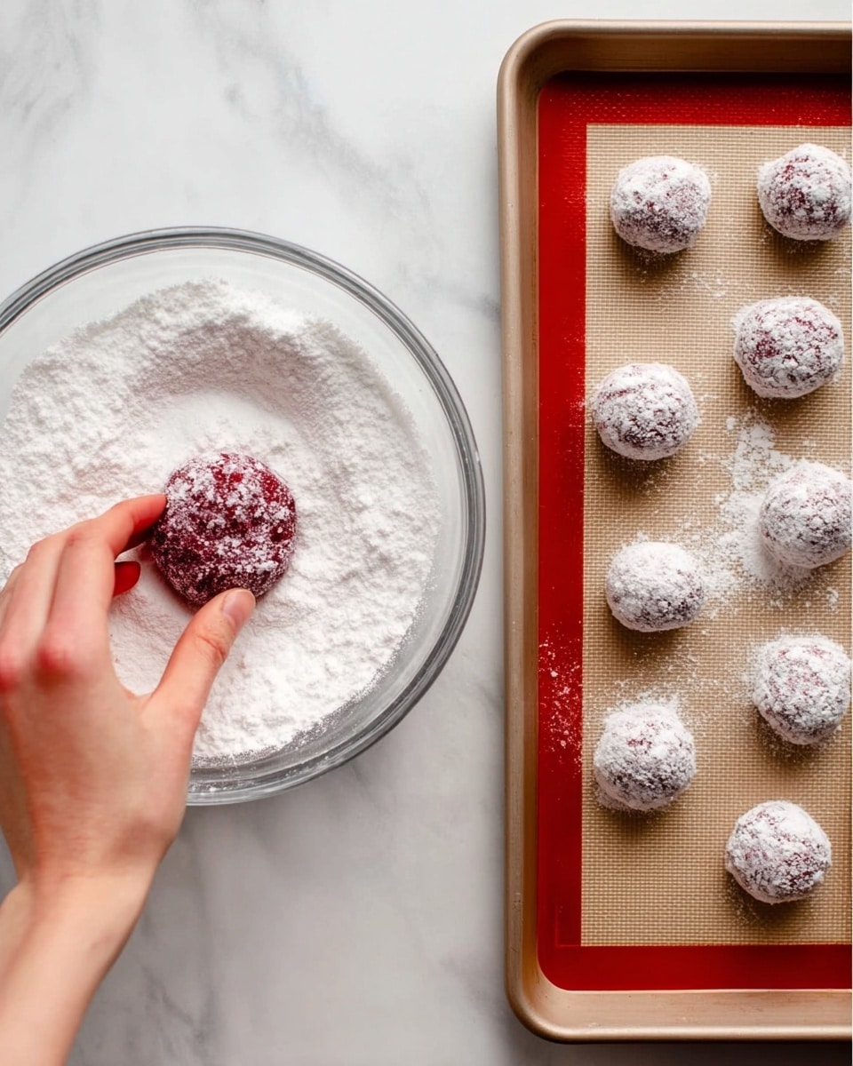 The image shows two side-by-side scenes. On the left, a woman's hand is rolling a deep red round dough ball covered almost fully in white powdered sugar inside a clear glass bowl that is filled with the same white powdered sugar, with a white marbled surface below. On the right, nine evenly spaced white powdered sugar-coated dough balls rest on a baking tray lined with a beige silicone baking mat, all set against a white marbled surface. The dough balls are round and textured from the sugar coating, showing a contrast between the red dough underneath and the white sugar. photo taken with an iphone --ar 4:5 --v 7
