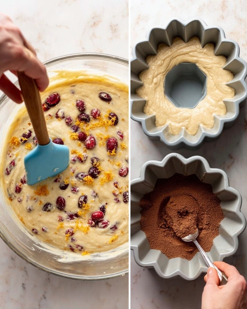 The left image shows a clear glass bowl filled with pale yellow thick batter dotted with whole red cranberries and small bits of orange zest, one woman's hand holding a blue spatula with a wooden handle stirring the mix. The right image features a light gray flower-shaped bundt cake pan filled with the same pale batter, and a sprinkle of dark brown powder on top half of it. A woman's hand is using a silver spoon to spread the brown powder evenly over the batter. Both images have a white marbled surface underneath. photo taken with an iphone --ar 4:5 --v 7