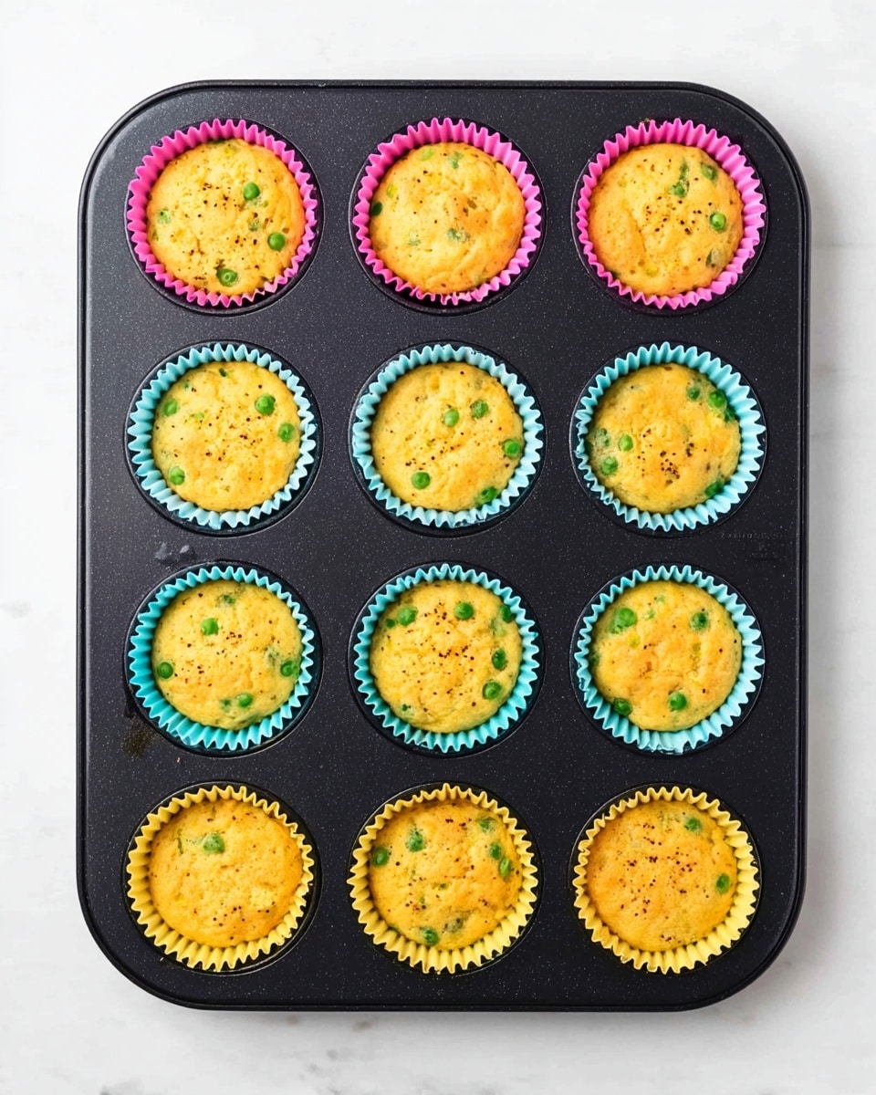 A black muffin tray holds twelve mini muffins placed in colorful silicone cups, arranged in three rows of four. The top row is filled with pink cups, the middle two rows have light blue cups in the second row and yellow cups in the third row. Each muffin is golden yellow with a slightly rough texture, showing small green peas evenly scattered inside, and some bits of a lighter yellow ingredient. The muffins have small black specks on their surface, likely seasoning. The tray sits on a white marbled surface. photo taken with an iphone --ar 4:5 --v 7