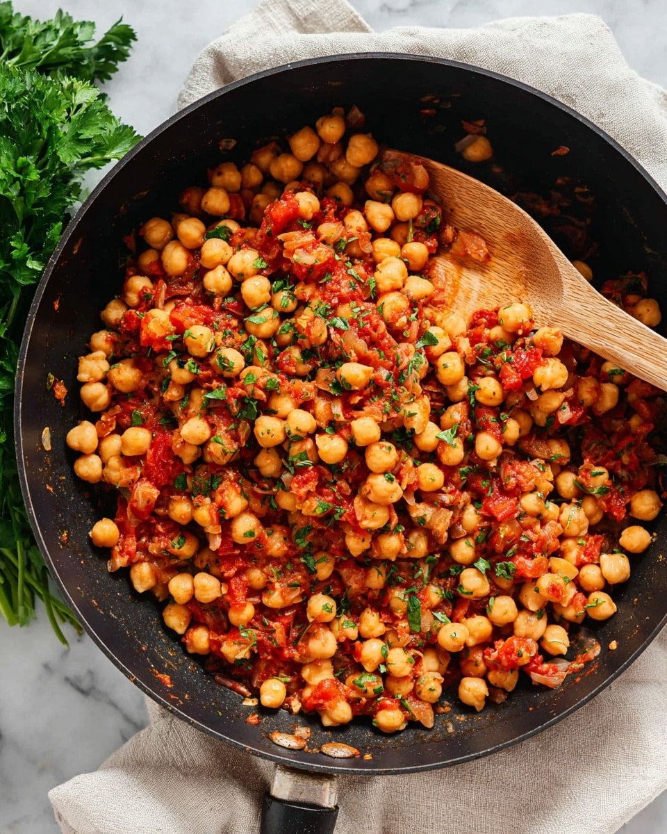 The image shows a black pan filled with cooked chickpeas mixed with finely chopped red tomatoes, small bits of onion, and green herbs sprinkled on top. The chickpeas are golden and round, evenly mixed with the red and slightly chunky tomato sauce. A wooden spoon is partially inside the pan, lifting some of the chickpea mixture. The pan is placed on a light cloth over a white marbled surface, with a bunch of fresh green parsley visible in the upper left corner. photo taken with an iphone --ar 4:5 --v 7
