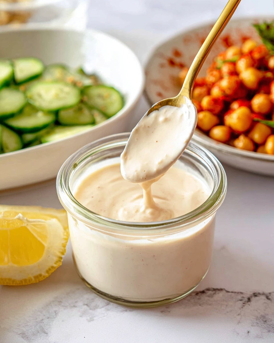 A small clear glass jar filled with creamy light beige sauce that looks smooth and thick, with a shiny texture. A gold spoon is lifting some sauce from the jar, showing its smooth flow. In the background, there are two white bowls, one with sliced green cucumbers and the other with orange chickpeas mixed with red spices and a lemon wedge. The whole scene is set on a white marbled surface. photo taken with an iphone --ar 4:5 --v 7
