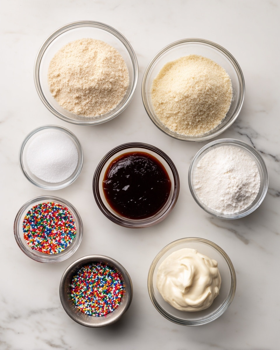 The image shows nine small clear glass bowls arranged on a white marbled surface, each containing different ingredients for a recipe. The largest bowl near the top center holds a pale beige powder labeled almond flour. Below and to the right, there is a small bowl of white granulated sweetener. To its left, a tiny bowl contains white salt. Slightly to the right and below the salt is a small bowl with a light beige powder labeled coconut flour. Next to it on the right is a small bowl of dark brown vanilla liquid. Centered lower in the image is a medium bowl filled with dark brown sugar-free jam. Below it to the right is a small bowl of pale creamy heavy cream, and to the left is a small metal bowl with colorful sprinkles. The text indicating butter is placed above but the bowl is missing. The photo is taken with an iphone --ar 4:5 --v 7