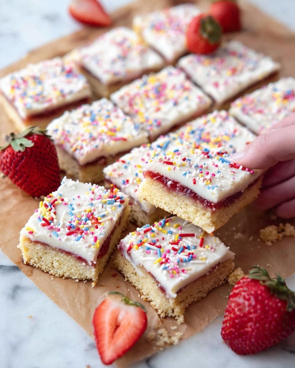 The image shows a batch of square pastry bars arranged closely on brown parchment paper over a white marbled surface. Each square has three layers: a golden crumbly base, a middle layer of red jam, and a top layer of smooth white icing covered with colorful sprinkles in red, yellow, blue, and pink. One square is lifted slightly above the others, revealing the layers clearly. Several whole strawberries are placed casually around the pastries. A woman's hand is holding the lifted square. The scene is bright and clean. photo taken with an iphone --ar 4:5 --v 7