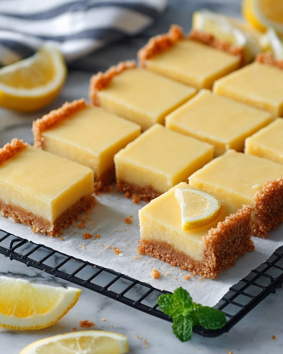 The image shows a tray of lemon bars cut into neat square pieces, each with two layers: a light yellow, smooth, creamy top layer and a thick, crumbly golden-brown crust base that forms edges around the bars. The tray sits on a black wire rack placed over white parchment paper, with a white marbled surface underneath. There are lemon wedges and a sprig of green mint near the tray, with a blurred striped cloth in the background. The overall look is clean and fresh, capturing the texture of the crust and the shiny, soft lemon filling. Photo taken with an iphone --ar 4:5 --v 7
