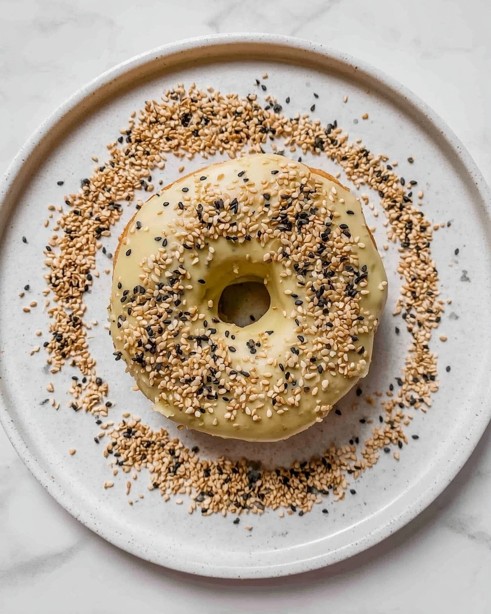 A single round donut sits in the center of a white plate on a white marbled surface. The donut is light beige and covered evenly with a thick layer of pale yellow glaze. Toasted sesame seeds, both light brown and black, are sprinkled generously on top of the donut and also scattered in a curved pattern around it on the plate. The donut's texture looks soft and slightly rough under the glaze. The photo is taken from above, showing the whole donut and the seed pattern clearly. photo taken with an iphone --ar 4:5 --v 7