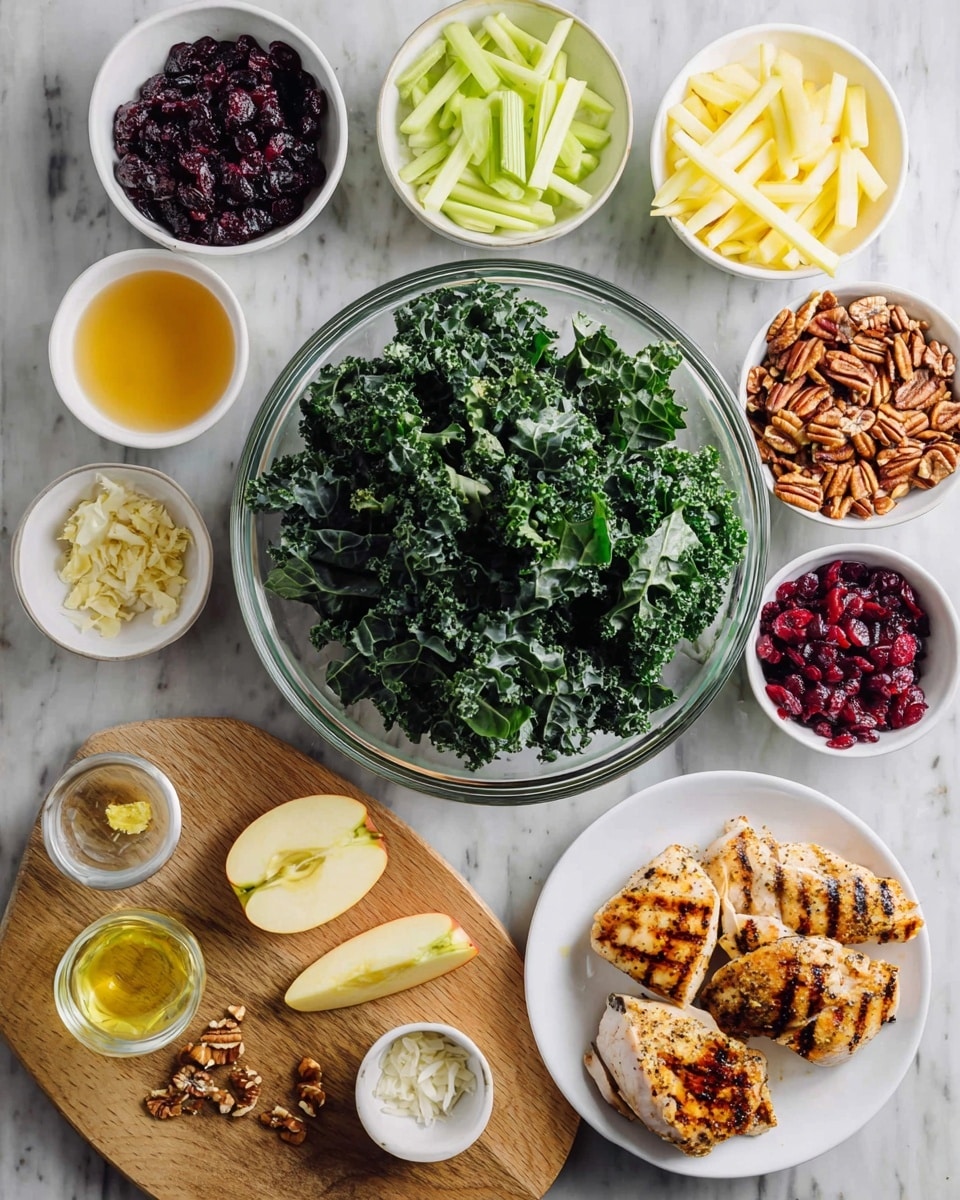 The image shows many ingredients laid out neatly on a white marbled surface, ready to make a dish. In the center is a clear bowl filled with curly dark green kale leaves, placed on a wooden cutting board. Surrounding it are small white bowls each holding different ingredients: yellow apple sticks, chopped light green celery, toasted brown pecans, thinly sliced purple onions, dark red dried cranberries, and a white bowl with crumbled cheese. At the bottom right is a white plate with two grilled chicken pieces showing brown grill marks. There are also small white dishes holding minced garlic cloves, grated ginger, honey, and olive oil in a clear glass container. A sliced yellow apple is near the apple sticks. The colors and textures create a fresh and healthy feel. Photo taken with an iphone --ar 4:5 --v 7