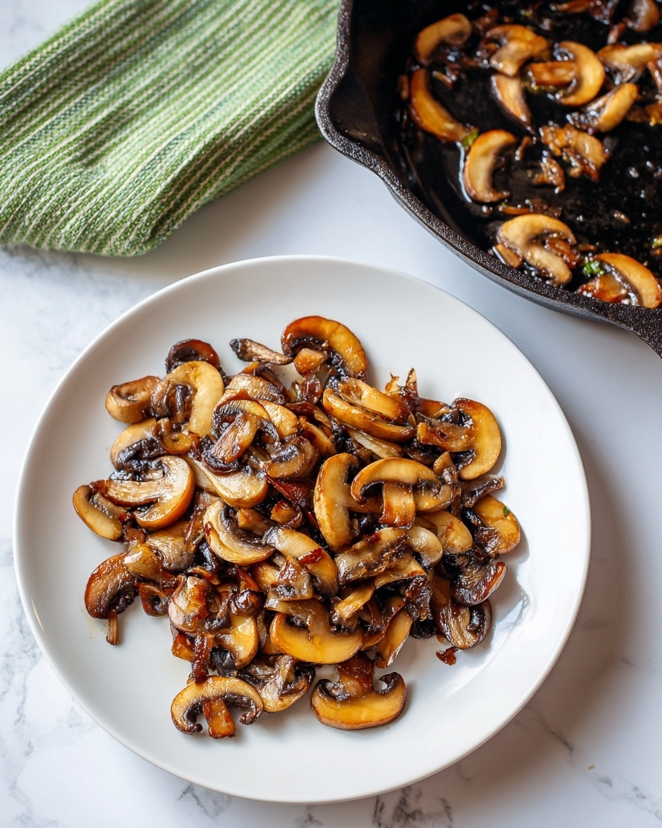 A white plate filled with a generous pile of cooked mushroom slices, showing a mix of golden brown and darker, caramelized edges, giving a rich, glossy texture. To the right, a black cast iron pan with some residual oil and small browned bits rests on a white marbled surface. A green striped cloth is placed above the plate, adding a touch of color contrast to the clean, bright background. photo taken with an iphone --ar 4:5 --v 7