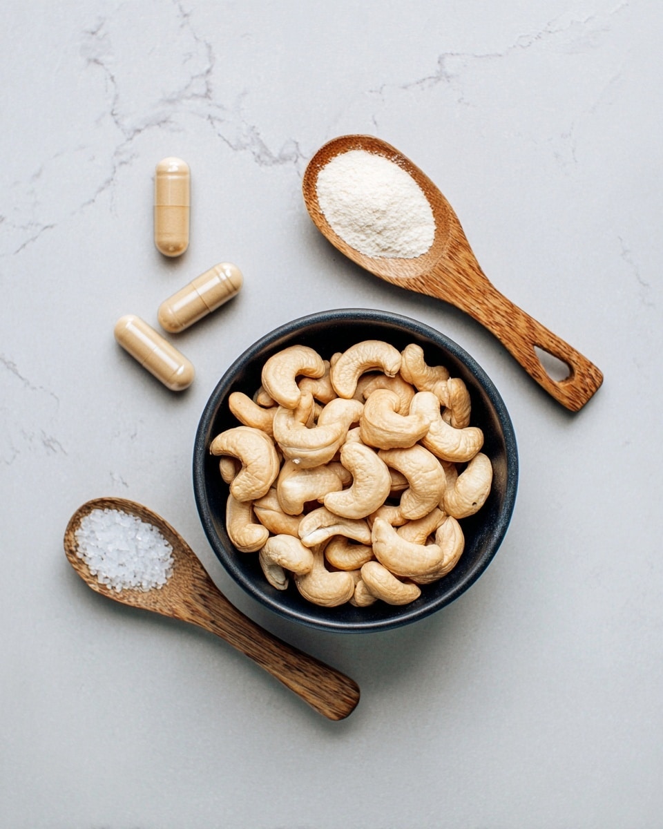 A black bowl filled with light brown cashew nuts is placed in the center on a white marbled texture. Above the bowl is a wooden spoon with white powder, and below the bowl is another wooden spoon with coarse white salt. Two beige capsules lie on the left side of the bowl. The overall look is clean and simple with natural color tones. photo taken with an iphone --ar 4:5 --v 7