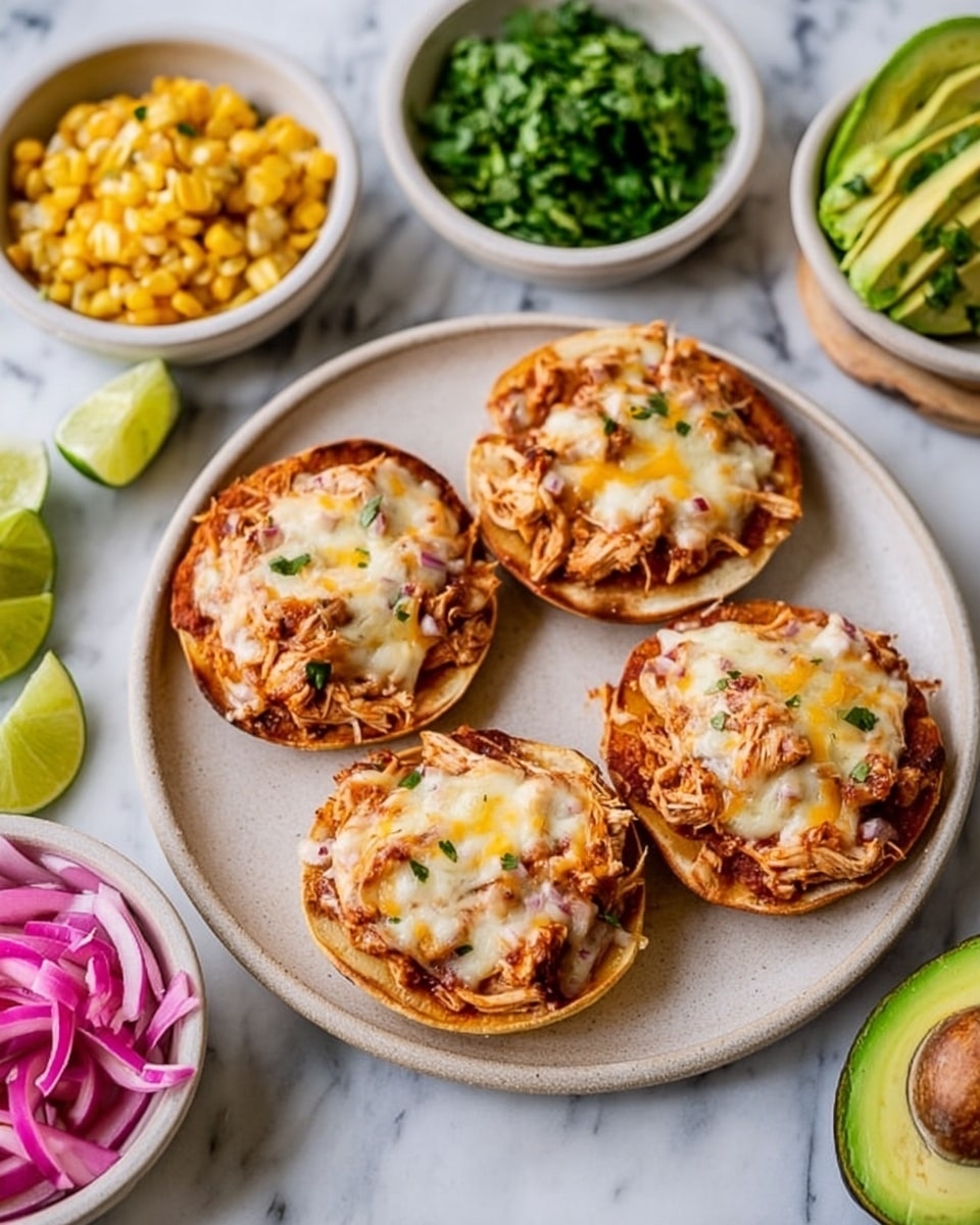 Four small round tostadas are arranged on a white plate with a slightly raised edge. Each tostada has three visible layers: a crispy, light brown base, a thick layer of shredded chicken mixed with reddish-brown sauce, and a topping of melted light yellow cheese that is slightly bubbly and soft. The plate sits on a white marbled surface and is surrounded by small white bowls filled with finely chopped green herbs, yellow corn mixed with red onions, and bright pink sliced pickled onions, along with halved avocados and lime wedges placed nearby. Photo taken with an iphone --ar 4:5 --v 7