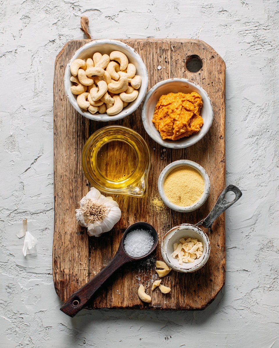 A rustic wooden board on a white marbled texture surface holds seven ingredients arranged neatly: at the top left, a small white bowl is filled with light beige cashew nuts; to its right, a small white bowl contains a thick, bright orange paste; below these two, centered on the board, is a clear glass container filled with golden oil; to its right, a small white bowl holds a yellowish powder; below the oil, a single clove of garlic rests on the board; to the left of the garlic, a dark wooden spoon with pale flakes is placed next to a small metal measuring spoon filled with a dark liquid. photo taken with an iphone --ar 4:5 --v 7