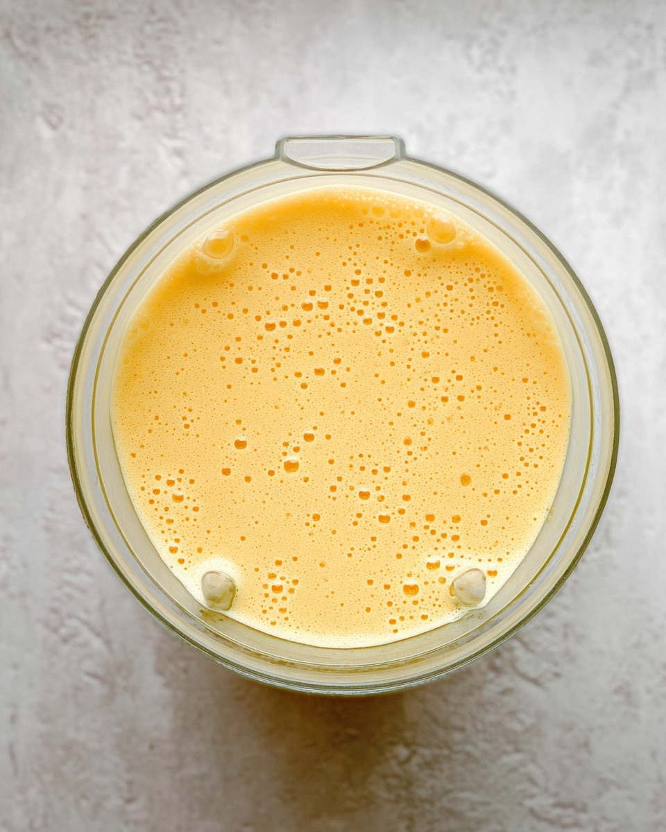 A clear blender container filled with a smooth and frothy yellow-orange liquid, showing small bubbles across the surface, sitting on a white marbled texture background photo taken with an iphone --ar 4:5 --v 7