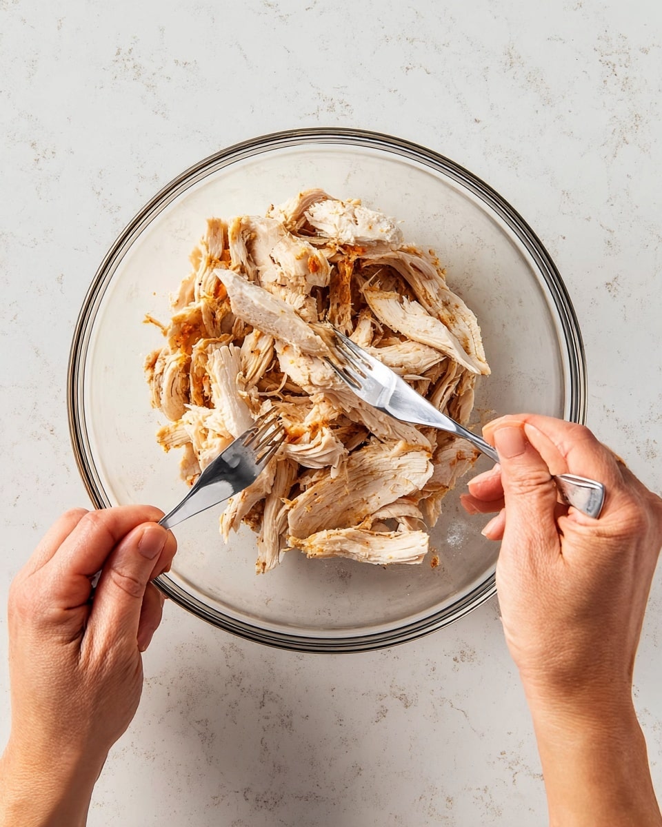 A clear glass bowl placed on a white marbled surface holds pieces of cooked chicken with a light brown and white color, showing a slightly crispy texture on the outside and tender, moist inside. Two silver forks are pulling the chicken apart into smaller strips, held by a pair of woman's hands, one on each side of the bowl. The overall scene is simple and clean, focusing on the preparation of the chicken. photo taken with an iphone --ar 4:5 --v 7