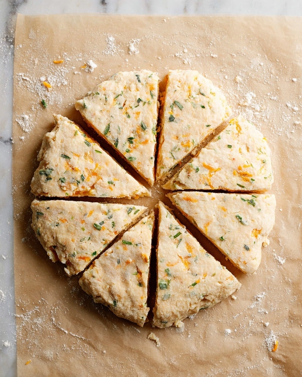 The image shows six golden-brown triangular scones on a baking tray lined with light brown parchment paper. Each scone has a slightly rough, flaky top sprinkled with black seeds and small bits of herbs, with some melted orange cheese peeking from the edges. The scones are evenly spaced, showing a soft, crumbly texture with an inviting baked finish. The baking tray sits on a white marbled surface. photo taken with an iphone --ar 4:5 --v 7