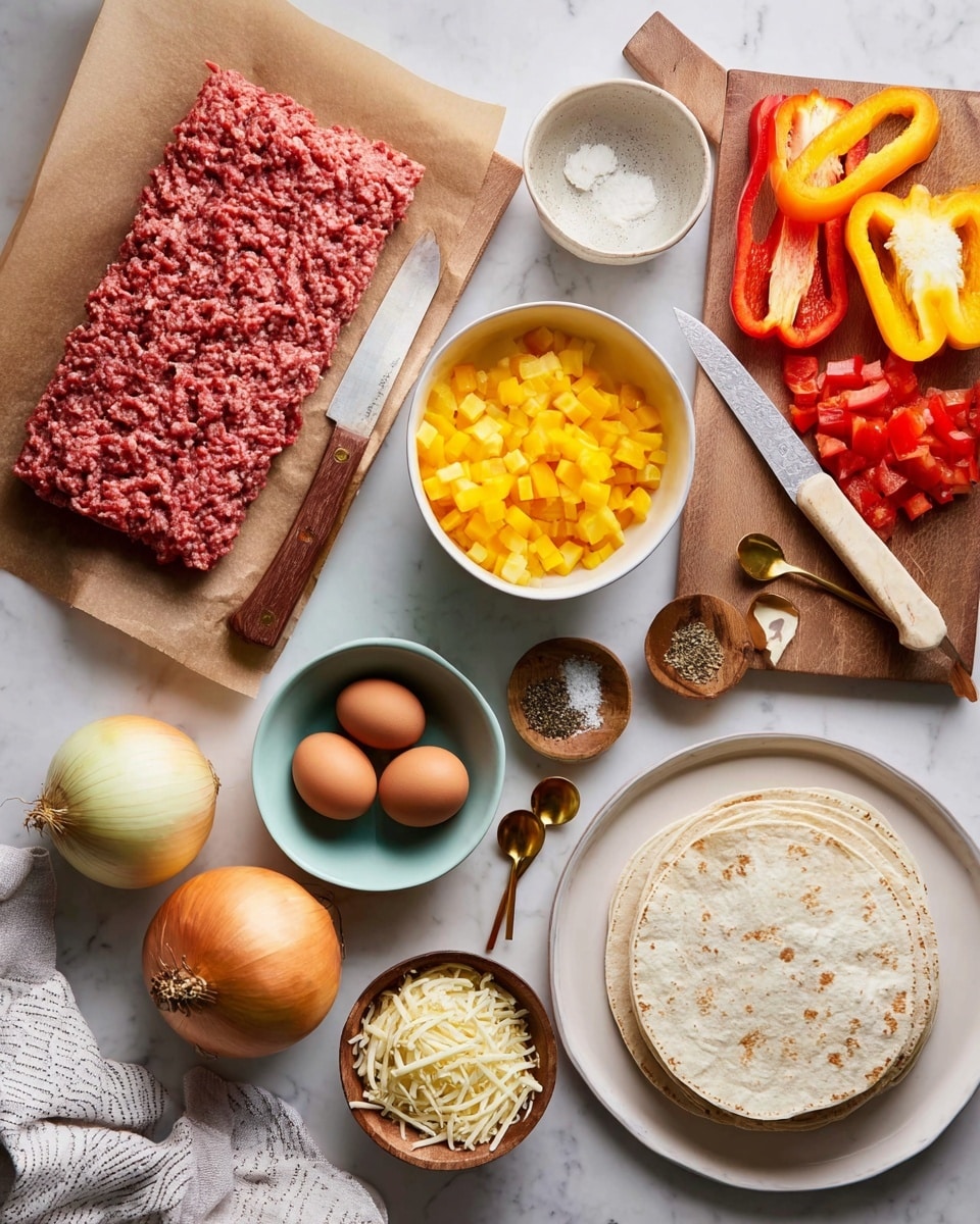 The image shows ingredients neatly arranged on a white marbled surface. At the top left, there is a block of raw ground meat on brown paper, next to a wooden cutting board with a red bell pepper cut in half and diced pieces beside a knife with a light wooden handle. Above that, a white bowl is filled with diced yellow bell pepper. Towards the lower left, two whole yellow onions sit beside a light blue bowl holding six brown eggs. A small wooden bowl contains salt, black pepper, and garlic powder, with two golden spoons resting alongside. Near the bottom right, a white plate holds a stack of four tortillas, and beside it, a small wooden bowl holds shredded white cheese. A folded white and gray cloth is partially visible at the bottom left. Photo taken with an iphone --ar 4:5 --v 7