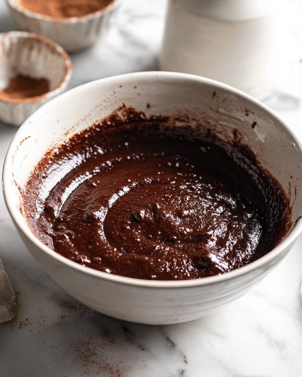 A white bowl filled with glossy, thick, dark brown chocolate batter that has a slightly uneven texture with small lumps, with some batter smeared around the sides inside the bowl. The bowl sits on a white marbled surface, with a blurred white bottle and a white cup with cocoa powder dust on the rim in the background. The lighting is soft and bright, highlighting the rich texture of the batter photo taken with an iphone --ar 4:5 --v 7