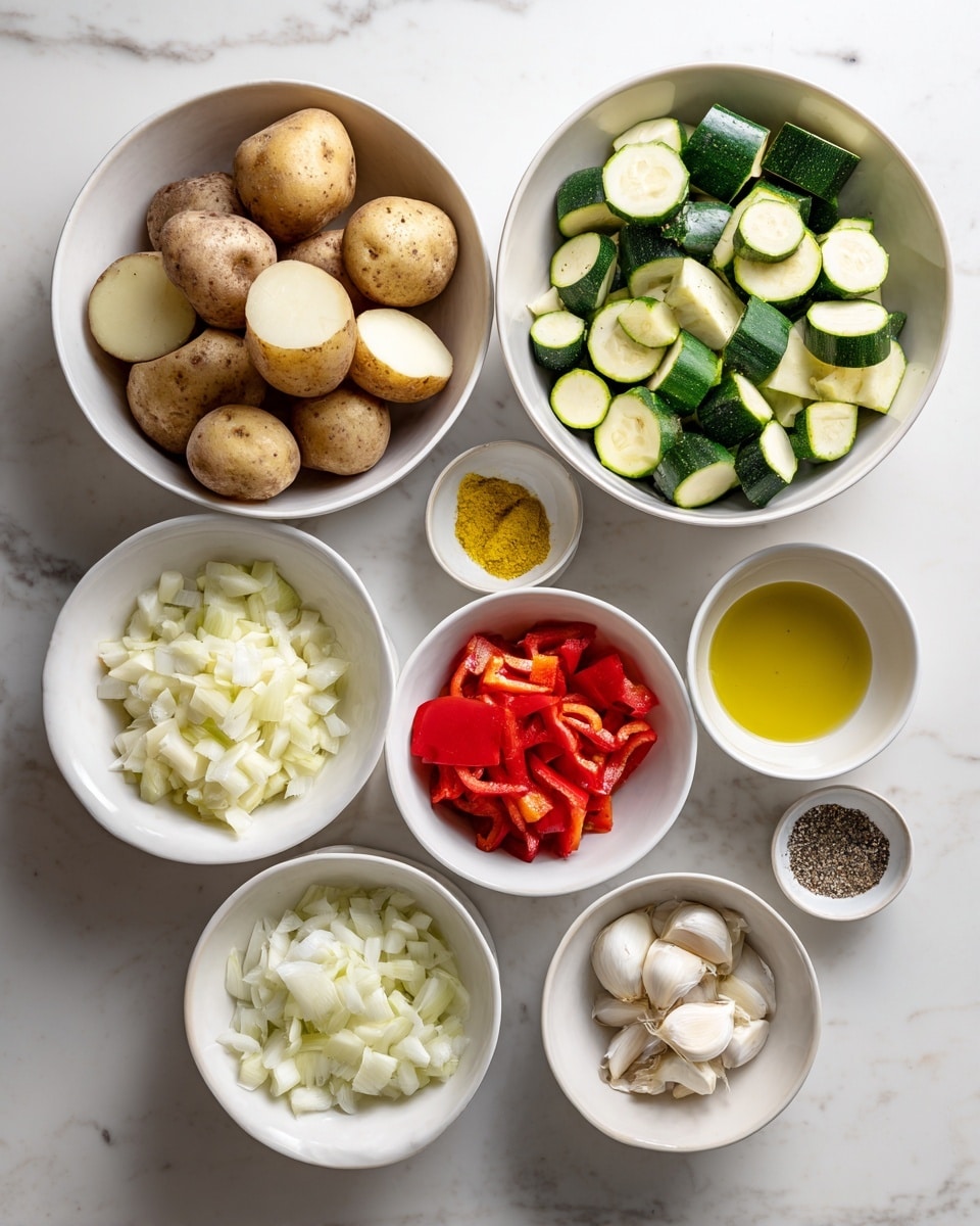 The image shows eight white bowls arranged on a white marbled surface. At the top left, a larger white bowl holds quartered potatoes with brown skin and white inside. To its right, a large white bowl holds green and white chopped zucchini with light green skin. Below those are six smaller white bowls: one with white chopped onions, one with yellow nutritional yeast, one with small chopped white garlic pieces, one with red chopped bell pepper, one with clear golden oil, and one with white salt and black pepper. All the ingredients are fresh and vibrant, lit softly to show their natural colors. photo taken with an iphone --ar 4:5 --v 7