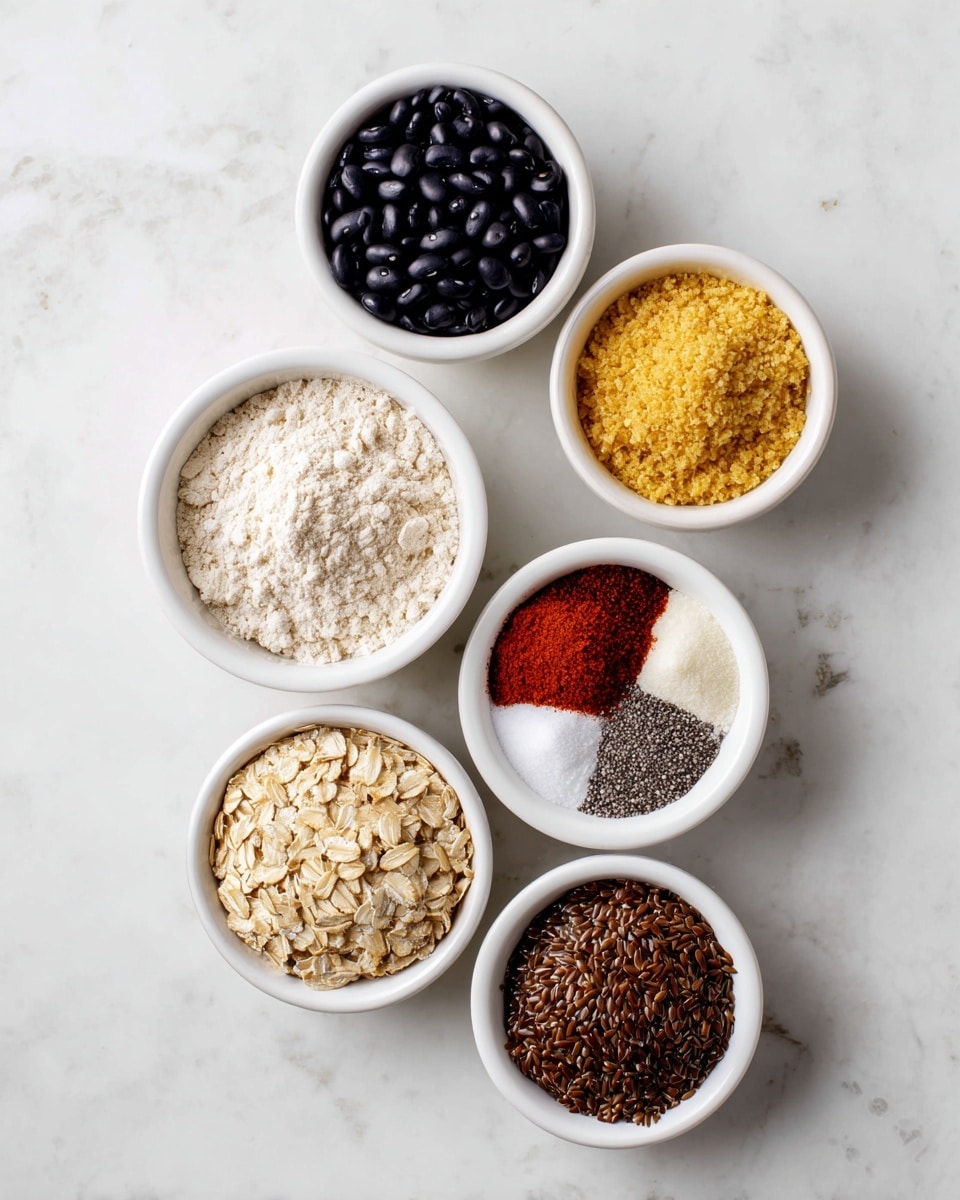 Seven white bowls with different ingredients are arranged on a white marbled surface. The top left bowl holds shiny black beans with a smooth texture. The top right bowl contains fine yellow bread crumbs. In the middle left bowl, there is fine white oat flour, and beside it to the right, a bowl is divided into five sections with onion powder, salt, smoked paprika, and garlic powder, each showing different shades of white, gray, and red powders. Below the oat flour is a bowl filled with light brown rolled oats, which have a rough texture. The last bowl at the bottom right contains dark brown flax seeds. Each bowl is round and white, with the ingredients clearly visible from above. photo taken with an iphone --ar 4:5 --v 7