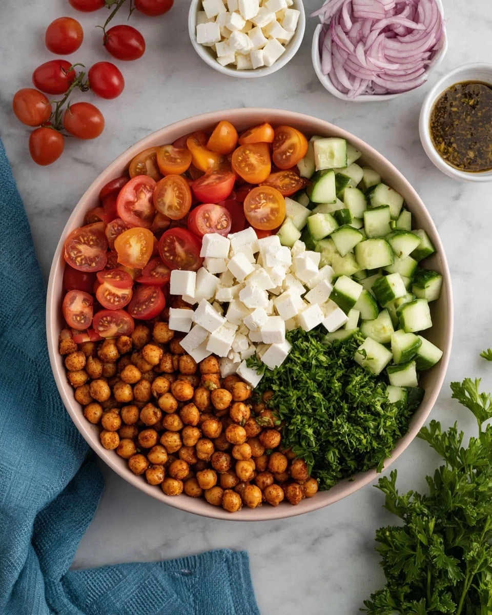 A large white bowl filled with four distinct layers: roasted chickpeas covering the bottom right, their golden brown color and slightly crispy texture visible; diced cucumbers on the top right, light green with dark green skin edges, cut into small cubes; halved cherry tomatoes on the top left, a mix of bright red and orange pieces with shiny, juicy surfaces; and chopped fresh parsley on the bottom left, rich green and finely cut. In the center, a pile of cubed white cheese sits atop the layers, fresh and slightly crumbly. Around the bowl are small white dishes with more cheese cubes and a dark herb dressing, set on a white marbled surface with sprigs of parsley and scattered cherry tomatoes nearby, along with a blue cloth in the bottom left corner. Photo taken with an iphone --ar 4:5 --v 7