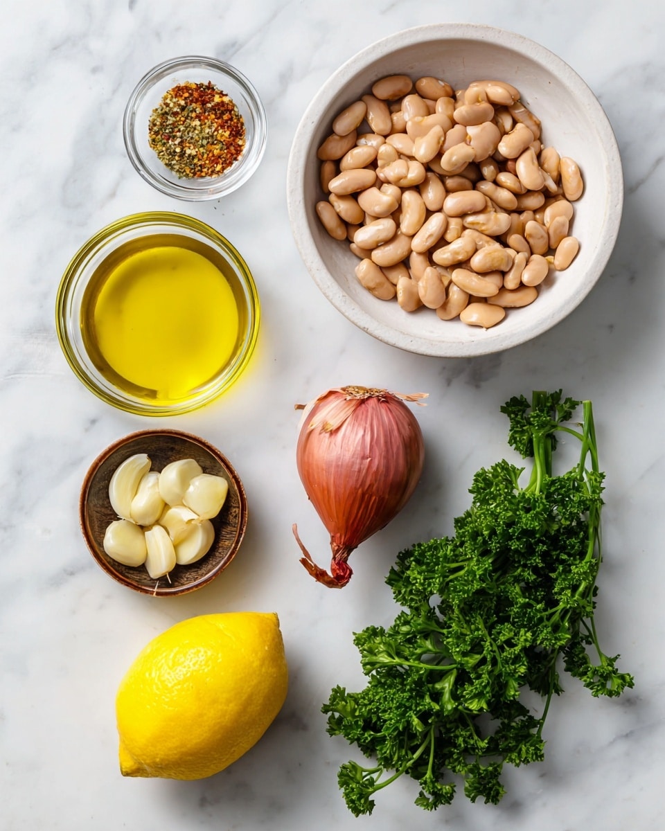A top-down view of fresh cooking ingredients arranged on a white marbled surface: a large white bowl filled with light brown beans with smooth, shiny texture at the top right; below it, a fresh reddish shallot and a bunch of curly green parsley with bright leaves placed side by side; in the bottom left corner, a bright yellow lemon with a textured rind; above the lemon, a small clear glass bowl holding several peeled garlic cloves; to the left of the beans bowl, a clear glass bowl filled with golden yellow olive oil; and at the top left, a small brown bowl containing a mixed spice blend with various colors and textures. Photo taken with an iphone --ar 4:5 --v 7