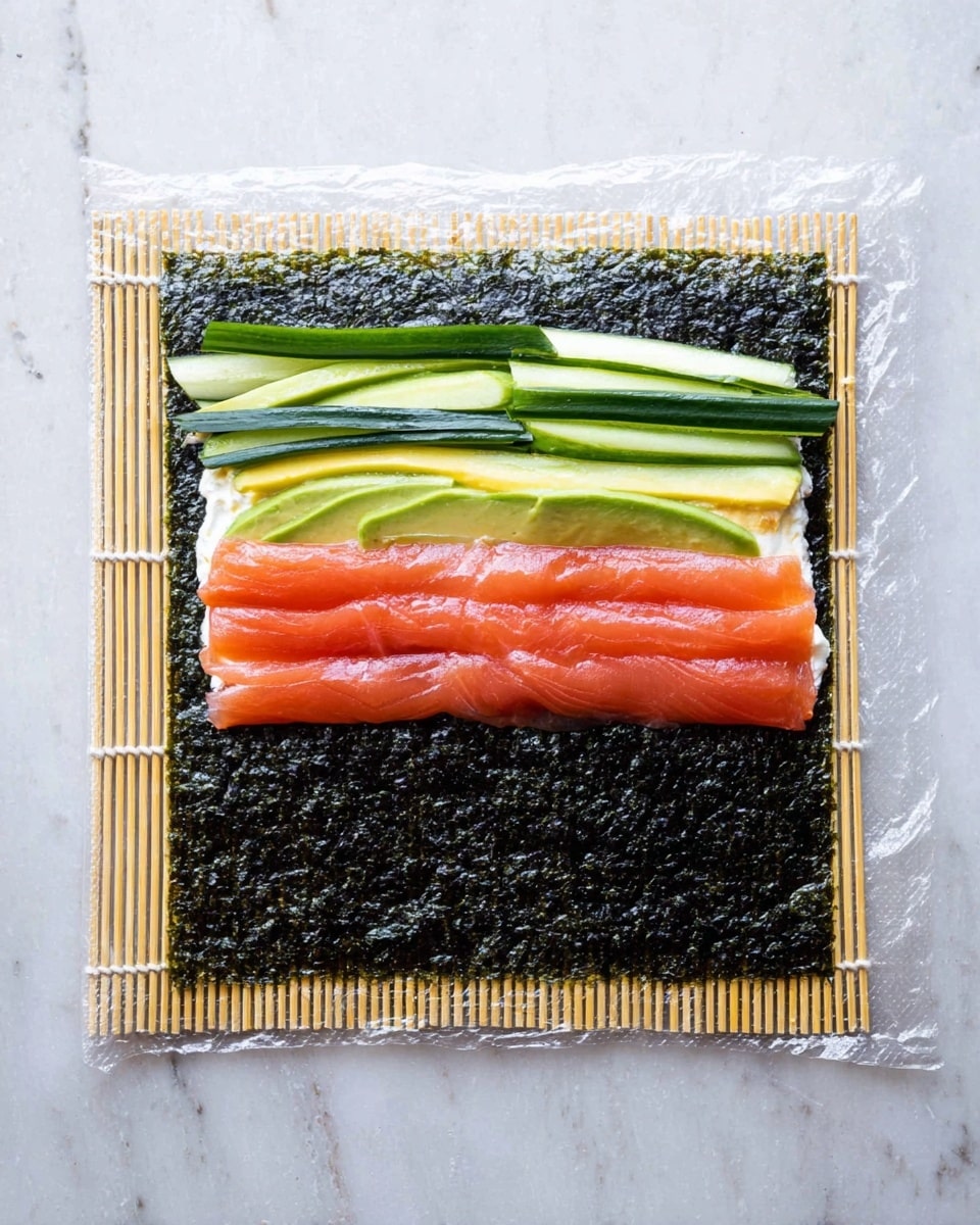 A square sheet of dark green, textured seaweed is laid on a bamboo sushi rolling mat covered with clear plastic wrap, placed on a white marbled surface. On the bottom edge of the seaweed sheet, there is a neat row of thin, long slices of pinkish-orange smoked salmon, topped with a layer of white cream cheese, and above them, thin strips of light green cucumber and pale yellow avocado are arranged horizontally in an even layer. The contrast of colors and textures is clear, with the seaweed’s roughness, salmon’s smoothness, creamy cheese, and fresh, crisp vegetables. photo taken with an iphone --ar 4:5 --v 7