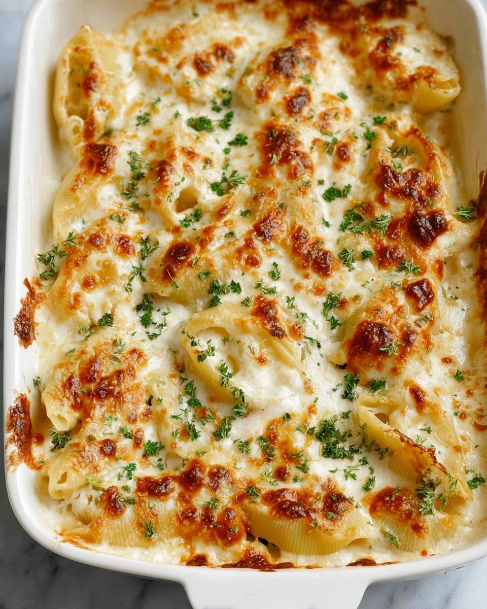 The dish is a baked pasta casserole in a white rectangular baking dish. It has visible layers of large pasta shells filled with a creamy white cheese mixture, topped with a browned, melted cheese layer that has golden spots. Green herb pieces are sprinkled evenly on the top, adding a touch of color. The texture of the cheese topping is smooth with some bubbling and slight browning. The background is a white marbled surface. photo taken with an iphone --ar 4:5 --v 7