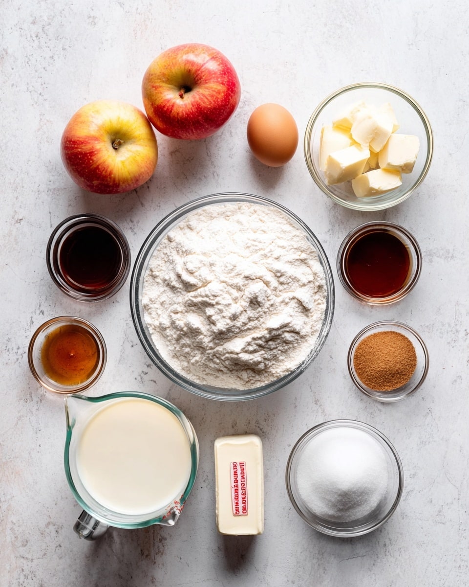 The image shows several clear glass bowls arranged neatly on a white marbled surface. There are two whole red and yellow apples placed near the top center. To the right of the apples is a small bowl with a brown egg inside. In the center is a large bowl full of white flour with slight swirls on its surface. Surrounding this bowl are smaller bowls containing dark brown liquid, a white powder, white sugar, light brown sugar, and a small stick of butter with red markings. At the bottom is a clear measuring cup filled with a creamy white liquid. The setup is bright and clean with soft natural light, photo taken with an iphone --ar 4:5 --v 7