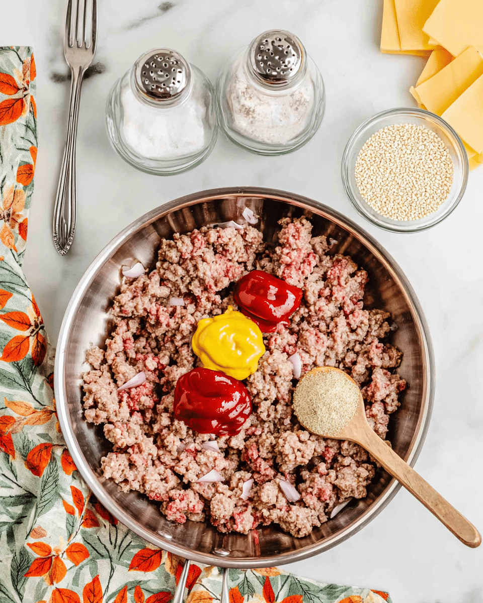 A silver skillet holds cooked ground meat mixed with small pieces of light-colored onion, showing some pink areas. On top of the meat, there are three colorful dollops: bright red ketchup, yellow mustard, and a small wooden spoon with beige powder resting on the right side. Nearby, two clear glass shakers filled with salt and black pepper sit on a white marbled surface, along with a small bowl of white sesame seeds, and a stack of yellow cheese slices in the top right corner. A floral cloth with orange and green leaves lies near the skillet’s handle, and a silver fork is placed on the marbled surface to the left photo taken with an iphone --ar 4:5 --v 7