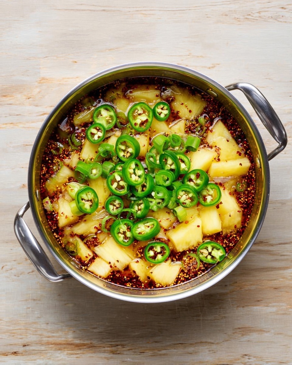A shiny silver pot on a white marbled surface holds a mix of food layers. The bottom layer is dark red chili flakes floating in oil with tiny seeds, covering the pot base. On top, there are pale yellow slices of pineapple cut into chunks, spread evenly. Scattered over the pineapples are bright green slices of chili, showing their round shape and seeds inside. The pot handles are visible on each side, and the scene is lit with even, soft light. photo taken with an iphone --ar 4:5 --v 7