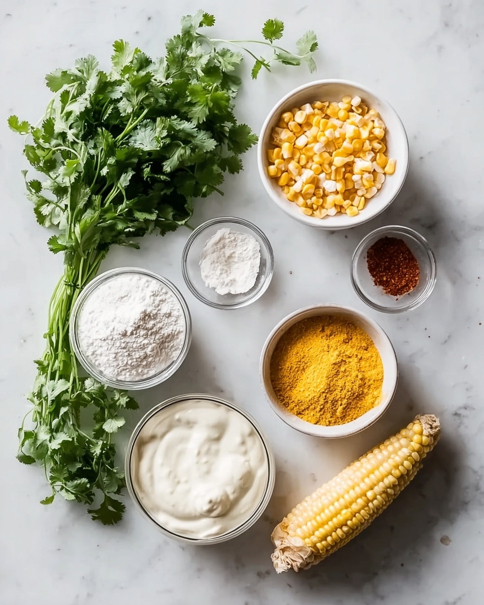 The image shows a collection of cooking ingredients placed on a white marbled surface. There are two bunches of fresh green cilantro leaves, one at the top left and the other at the bottom left. Near the top center, a small white bowl holds yellow and white corn kernels submerged in liquid. To the right of it, another small white bowl contains a white powder, likely flour. Below these bowls, a larger white bowl holds a creamy white sauce with a smooth texture, while a smaller white bowl nearby contains a thicker white sauce. At the bottom right, there is a white bowl filled with yellow cornmeal. Near the bottom left corner, a small white bowl contains a reddish-brown spice. To the right of the spice and below the flour, a half-ear of yellow corn with kernels is placed on the surface. The arrangement is neat and the ingredients have vibrant, fresh colors photo taken with an iphone --ar 4:5 --v 7