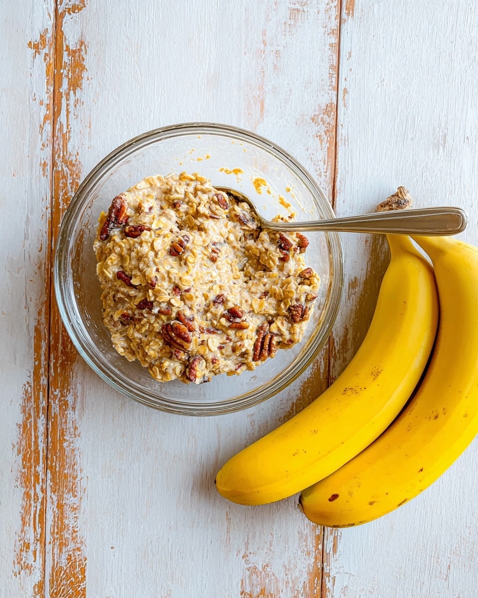 A clear glass bowl holds a chunky mixture of light brown oats and nut pieces, with visible pecans adding darker brown spots and a rough texture throughout. The spoon inside the bowl has a silver handle resting near the bowl's edge on the right side. Next to the bowl, on the right, are three bright yellow bananas with slight brown spots at the top. All items sit on a white marbled wooden surface with rustic lines and worn patches. photo taken with an iphone --ar 4:5 --v 7