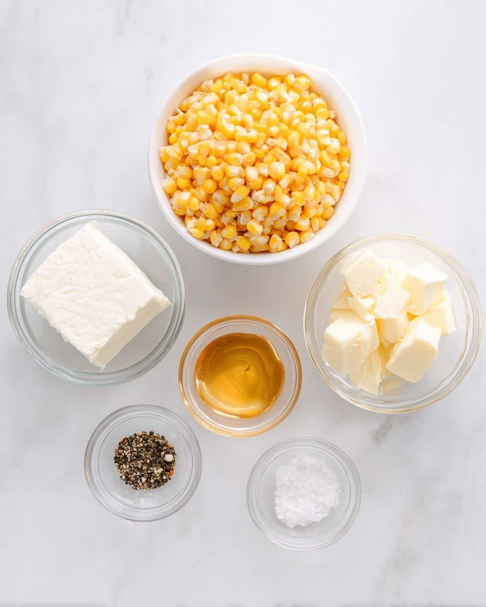 The image shows a close-up of a black pan filled with cooked yellow corn kernels mixed with a creamy white sauce, garnished with small green parsley leaves scattered evenly over the top. A woman's hand is holding a wooden spoon on the left side, partially covered in the creamy sauce and corn mixture. The background surface is a white marbled texture. photo taken with an iphone --ar 4:5 --v 7