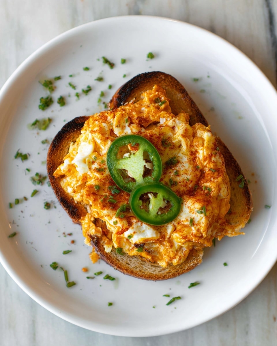 A white plate with a toasted slice of light brown bread at the bottom. On top of the bread is a thick layer of orange and white cooked egg mixture, with some browned and crispy edges. The egg layer is uneven and chunky, showing pieces of cooked egg white and yolk mixed together. Three thin green jalapeño slices are placed on top, adding a fresh, shiny contrast. Small chopped green herbs are scattered around the plate. The photo is taken from above, showing the dish centered on a white marbled surface. photo taken with an iphone --ar 4:5 --v 7
