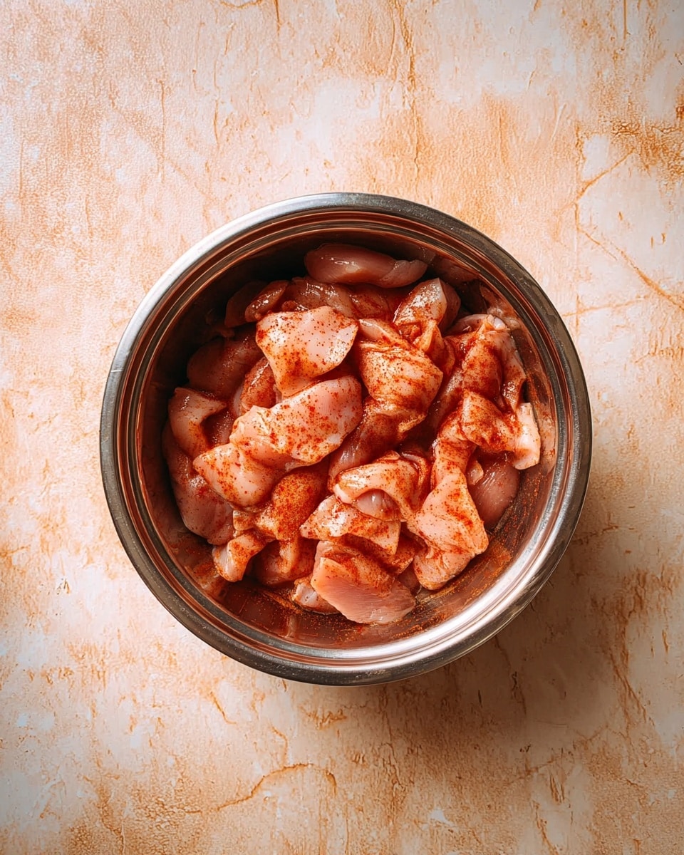 A metal bowl filled with raw chicken pieces lightly coated in red spices is shown from above, the chicken pieces are pale pink with a shiny texture and scattered unevenly within the bowl, which sits on a white marbled surface with light brown stains and texture, giving a rustic feel photo taken with an iphone --ar 4:5 --v 7