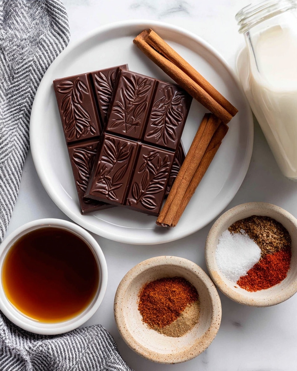 A white plate holds several dark brown chocolate squares embossed with a leaf pattern, topped with three long brown cinnamon sticks arranged diagonally. Nearby, a clear glass bottle is filled with light beige non-dairy milk, placed on a white marbled surface. Below to the left is a white bowl filled with dark amber pure maple syrup, and to the right is a smaller white bowl containing a little dark brown vanilla liquid. At the bottom center, a small rustic beige bowl holds a mix of ground nutmeg, bright red cayenne, and white salt powders. A gray and white striped cloth is placed in the lower left corner. Photo taken with an iphone --ar 4:5 --v 7