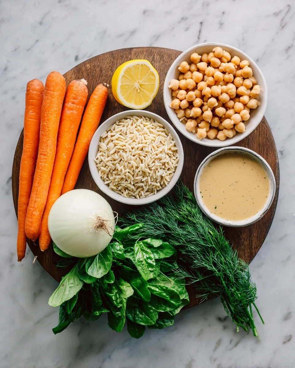 A round wooden board displays several fresh ingredients arranged neatly on a white marbled texture. On the left side, there are three long orange carrots placed vertically. Below the carrots, a half white onion rests with its smooth internal layers visible. In the center, a small white bowl filled with uncooked orzo pasta sits next to a bundle of bright green leafy greens scattered loosely below it. To the right of the orzo, a larger white bowl holds a heap of light tan chickpeas. Above the chickpeas are sprigs of fresh dill and two bright yellow lemon halves, with one whole lemon next to them. A small white bowl containing a creamy beige sauce is positioned at the top right corner. photo taken with an iphone --ar 4:5 --v 7